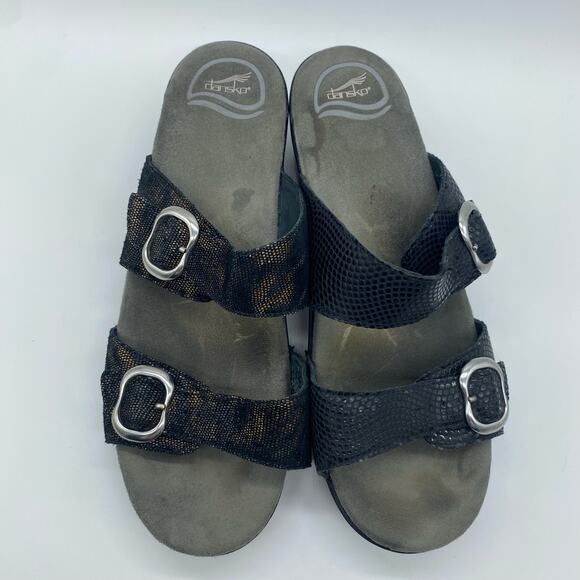 Dansko Women's size 9.5 / 40 Black Animal Print Strappy Buckle Heel Sandals - Picture 5 of 10